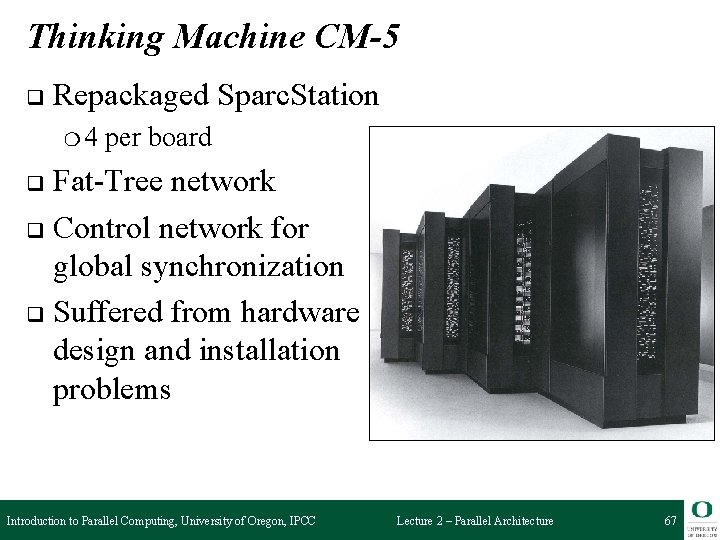 Thinking Machine CM-5 q Repackaged Sparc. Station ❍4 per board Fat-Tree network q Control