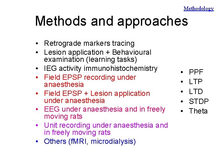 Methodology Methods and approaches • Retrograde markers tracing • Lesion application + Behavioural examination