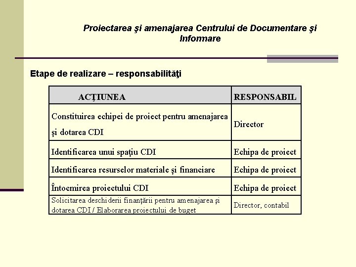 Proiectarea şi amenajarea Centrului de Documentare şi Informare Etape de realizare – responsabilităţi ACŢIUNEA