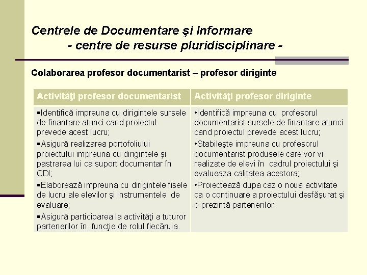 Centrele de Documentare şi Informare - centre de resurse pluridisciplinare Colaborarea profesor documentarist –