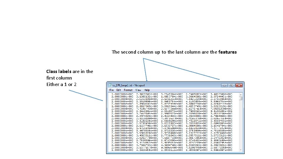 The second column up to the last column are the features Class labels are