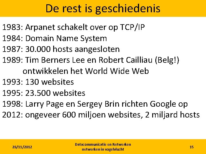 De rest is geschiedenis 1983: Arpanet schakelt over op TCP/IP 1984: Domain Name System