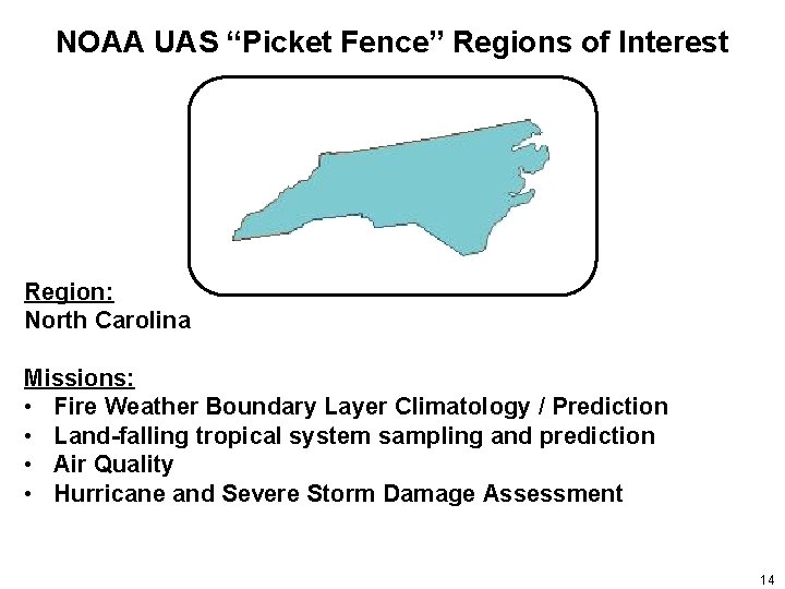 NOAA UAS “Picket Fence” Regions of Interest Region: North Carolina Missions: • Fire Weather