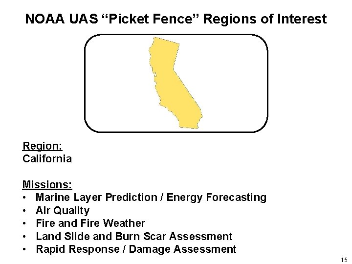 NOAA UAS “Picket Fence” Regions of Interest Region: California Missions: • Marine Layer Prediction