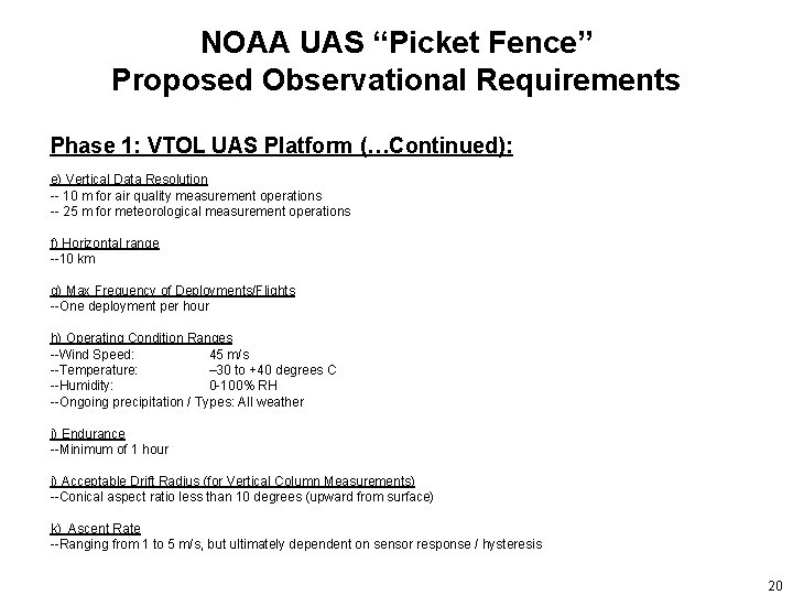 NOAA UAS “Picket Fence” Proposed Observational Requirements Phase 1: VTOL UAS Platform (…Continued): e)