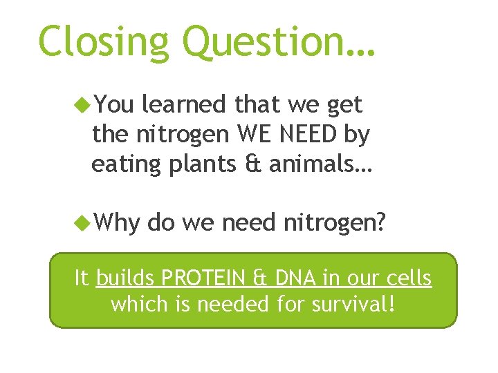 Closing Question… You learned that we get the nitrogen WE NEED by eating plants
