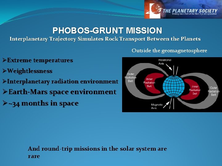 PHOBOS-GRUNT MISSION Interplanetary Trajectory Simulates Rock Transport Between the Planets Outside the geomagnetosphere ØExtreme