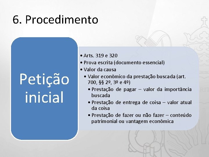 6. Procedimento Petição inicial • Arts. 319 e 320 • Prova escrita (documento essencial)