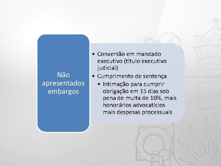 Não apresentados embargos • Conversão em mandado executivo (título executivo judicial) • Cumprimento de