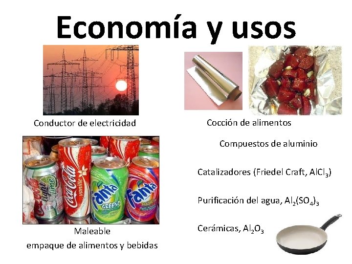 Economía y usos Conductor de electricidad Cocción de alimentos Compuestos de aluminio Catalizadores (Friedel