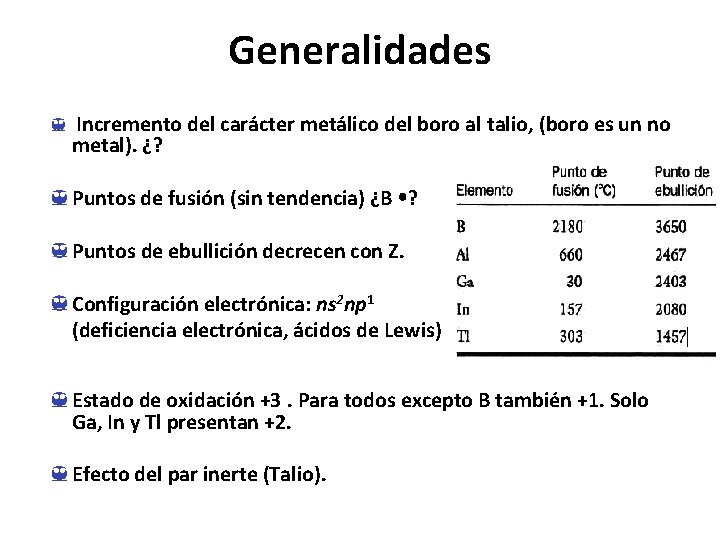 Generalidades Incremento del carácter metálico del boro al talio, (boro es un no metal).