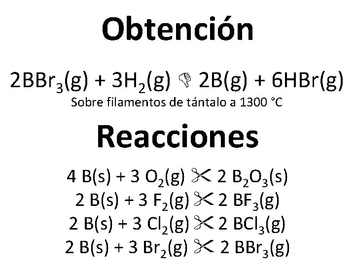 Obtención 2 BBr 3(g) + 3 H 2(g) 2 B(g) + 6 HBr(g) Sobre