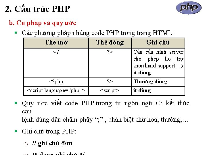 2. Cấu trúc PHP b. Cú pháp và quy ước Các phương pháp nhúng