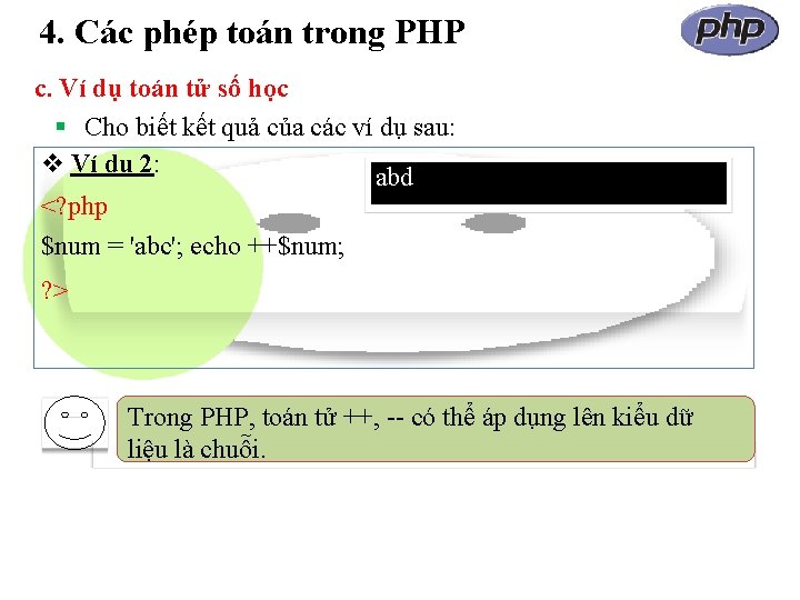 4. Các phép toán trong PHP c. Ví dụ toán tử số học Cho