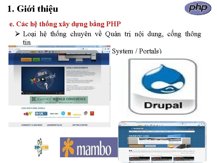 1. Giới thiệu e. Các hệ thống xây dựng bằng PHP Loại hệ thống