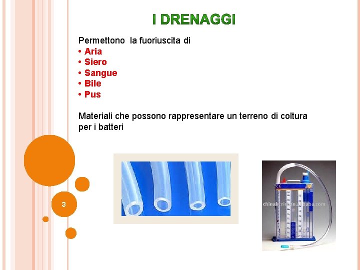 Permettono la fuoriuscita di • Aria • Siero • Sangue • Bile • Pus Permettono la fuoriuscita di • Aria • Siero • Sangue • Bile • Pus