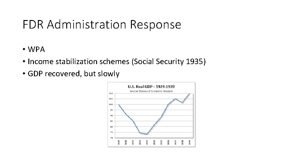 FDR Administration Response • WPA • Income stabilization schemes (Social Security 1935) • GDP