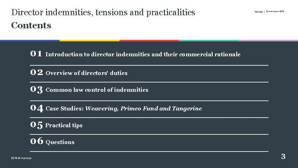 Director indemnities, tensions and practicalities Contents 01 Harneys | 13 November 2019 Introduction to