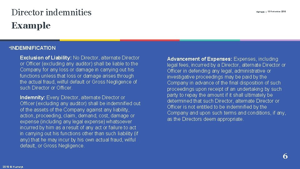 Director indemnities Example Harneys | 13 November 2019 “INDEMNIFICATION Exclusion of Liability: No Director,