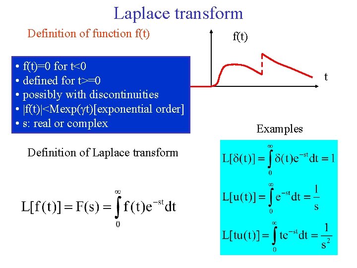 Laplace transform Definition of function f(t) • f(t)=0 for t<0 • defined for t>=0