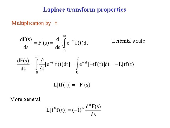 Laplace transform properties Multiplication by t Leibnitz’s rule More general 