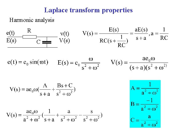 Laplace transform properties Harmonic analysis e(t) E(s) R C v(t) V(s) 