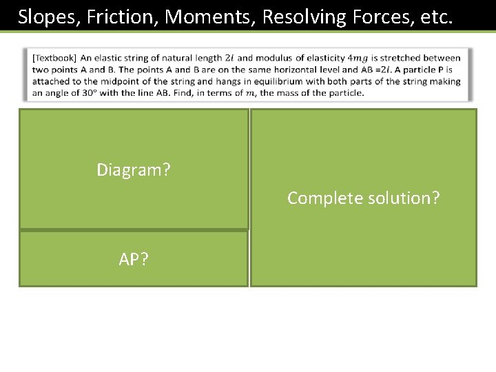Slopes, Friction, Moments, Resolving Forces, etc. A C By symmetry the tension in both Slopes, Friction, Moments, Resolving Forces, etc. A C By symmetry the tension in both
