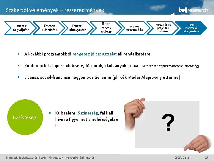 Szakértői vélemények – részeredmények Ötletek begyűjtése Ötletek előszűrése Ötletek kidolgozása Üzleti tervek szűrése Projekt