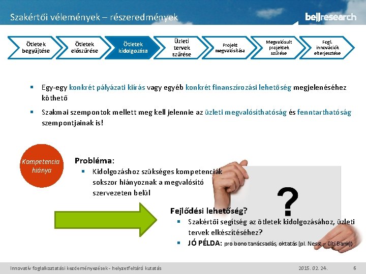 Szakértői vélemények – részeredmények Ötletek begyűjtése Ötletek előszűrése Ötletek kidolgozása Üzleti tervek szűrése Projekt