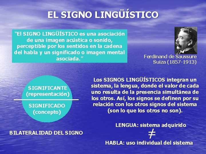 EL SIGNO LINGÜÍSTICO “El SIGNO LINGÜÍSTICO es una asociación de una imagen acústica o