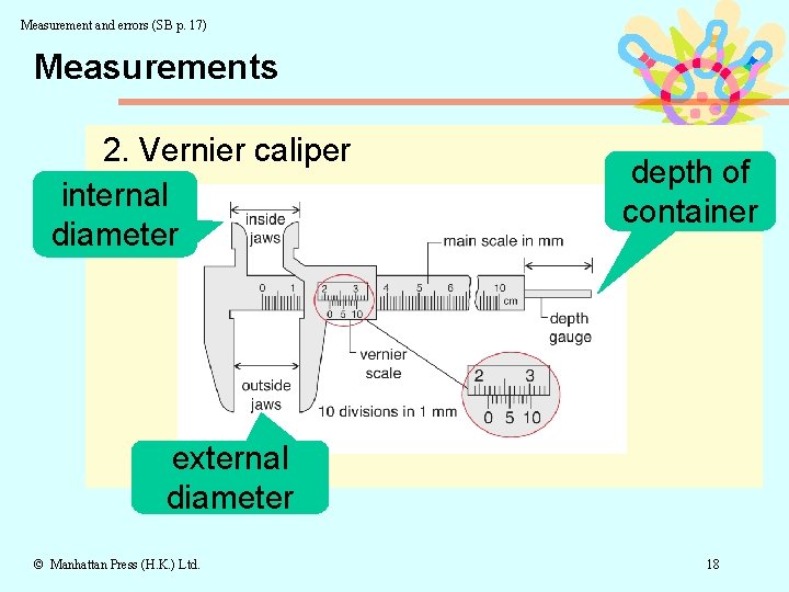 Measurement and errors (SB p. 17) Measurements 2. Vernier caliper internal diameter depth of