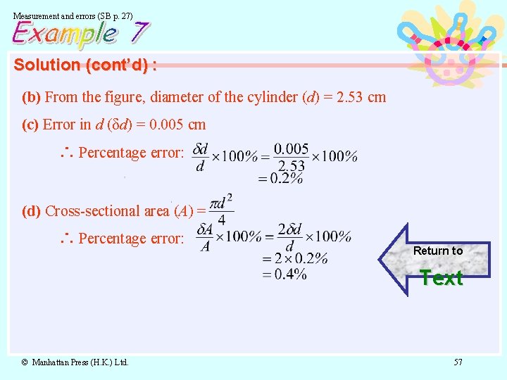 Measurement and errors (SB p. 27) Solution (cont’d) : (b) From the figure, diameter