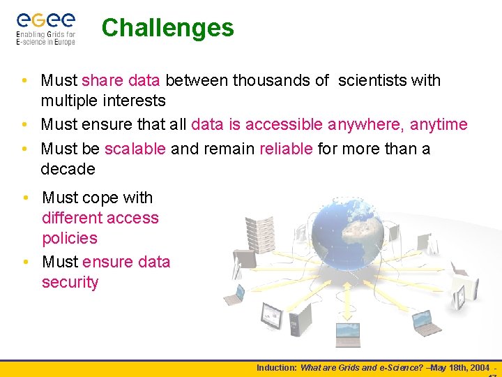 Challenges • Must share data between thousands of scientists with multiple interests • Must