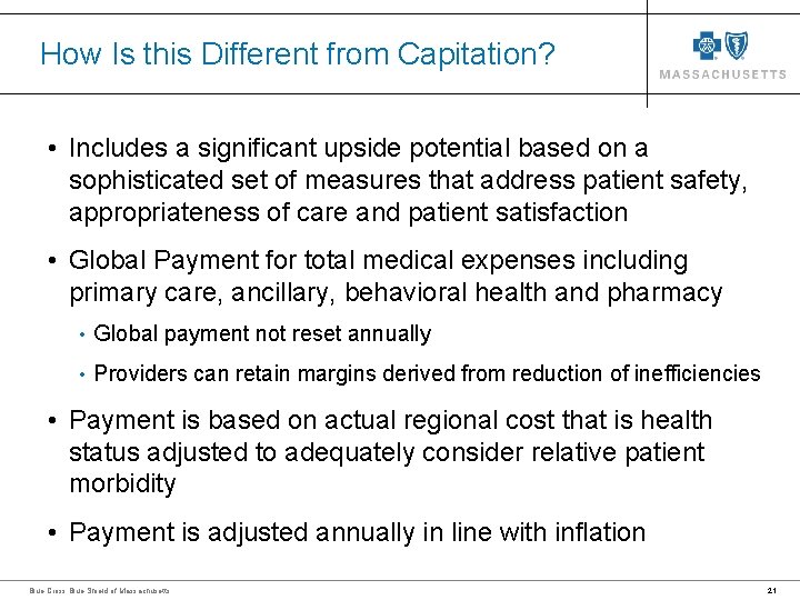 How Is this Different from Capitation? • Includes a significant upside potential based on
