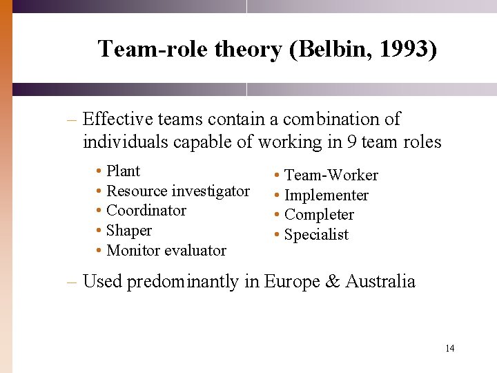 Team-role theory (Belbin, 1993) – Effective teams contain a combination of individuals capable of Team-role theory (Belbin, 1993) – Effective teams contain a combination of individuals capable of