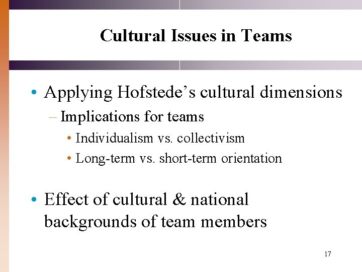 Cultural Issues in Teams • Applying Hofstede’s cultural dimensions – Implications for teams • Cultural Issues in Teams • Applying Hofstede’s cultural dimensions – Implications for teams •