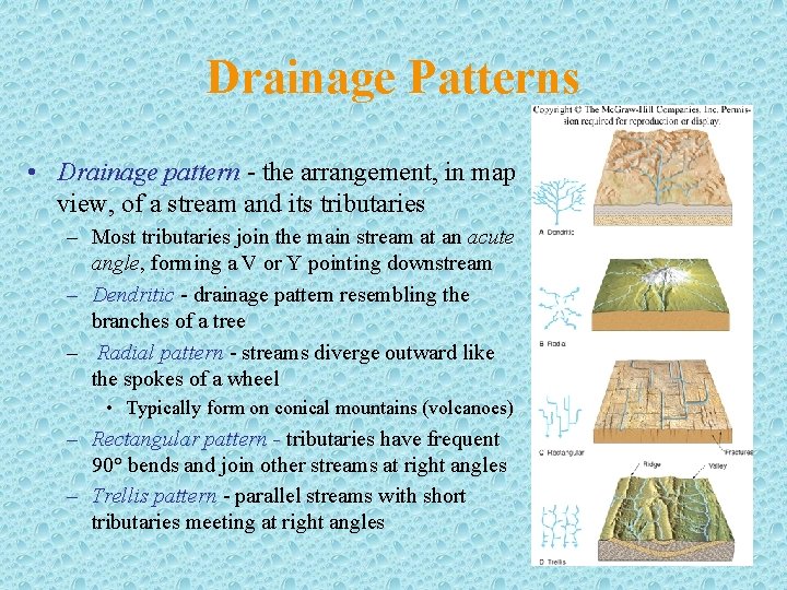 Drainage Patterns • Drainage pattern - the arrangement, in map view, of a stream