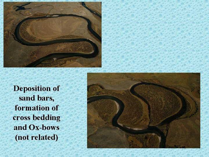 Deposition of sand bars, formation of cross bedding and Ox-bows (not related) 