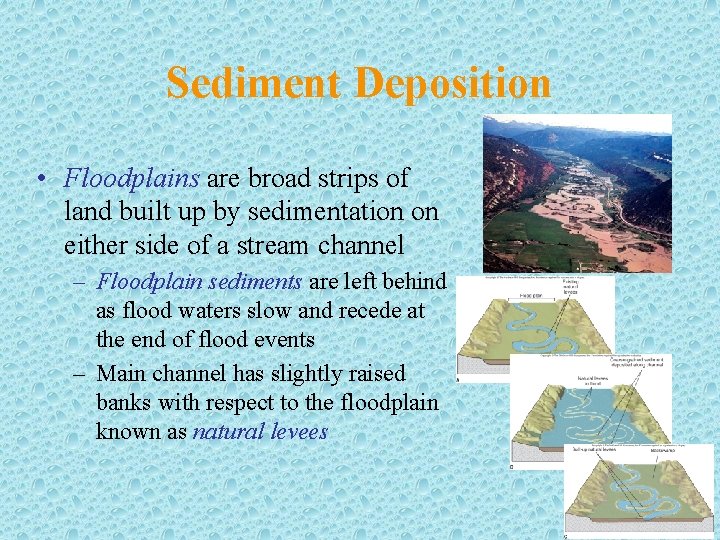 Sediment Deposition • Floodplains are broad strips of land built up by sedimentation on