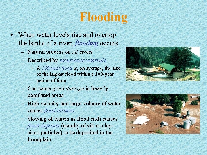 Flooding • When water levels rise and overtop the banks of a river, flooding