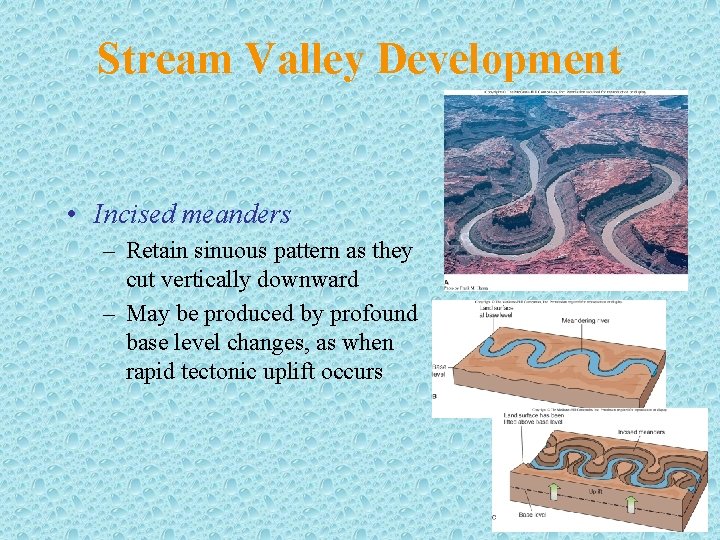 Stream Valley Development • Incised meanders – Retain sinuous pattern as they cut vertically