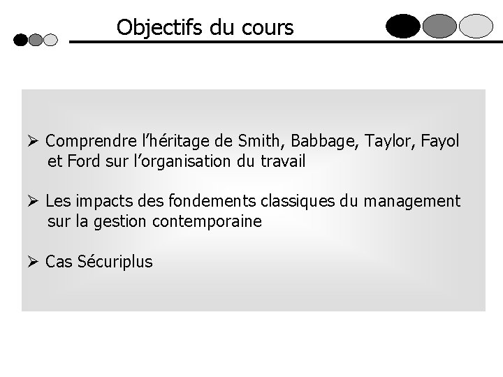 Objectifs du cours Ø Comprendre l’héritage de Smith, Babbage, Taylor, Fayol et Ford sur