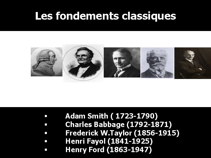 Les fondements classiques § § § Adam Smith ( 1723 -1790) Charles Babbage (1792
