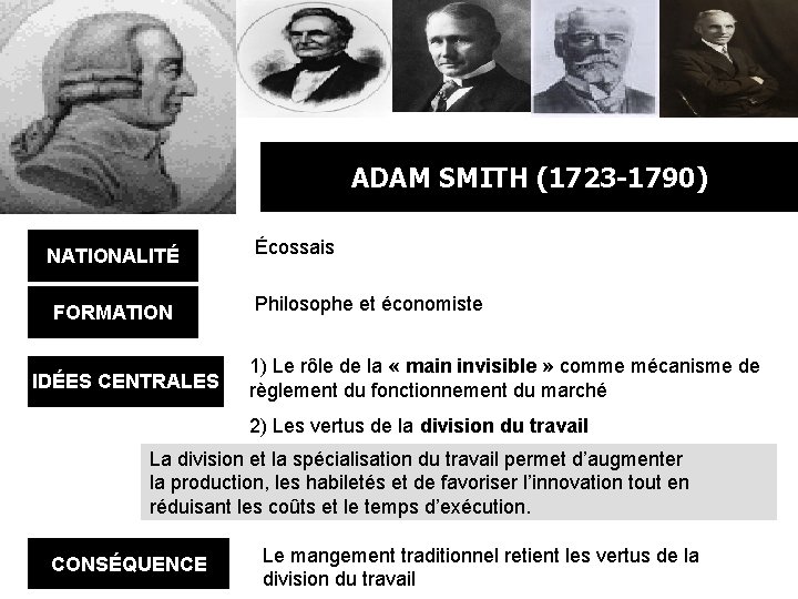 ADAM SMITH (1723 -1790) NATIONALITÉ FORMATION IDÉES CENTRALES Écossais Philosophe et économiste 1) Le