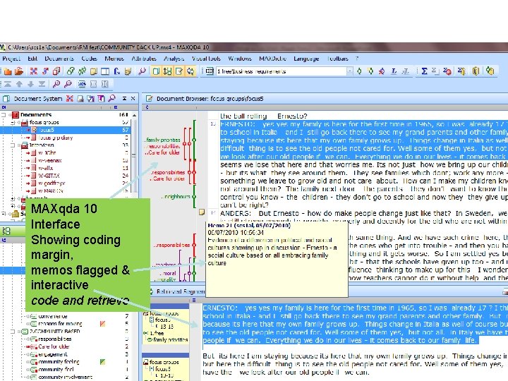 MAXqda 10 Interface Showing coding margin, memos flagged & interactive code and retrieve 