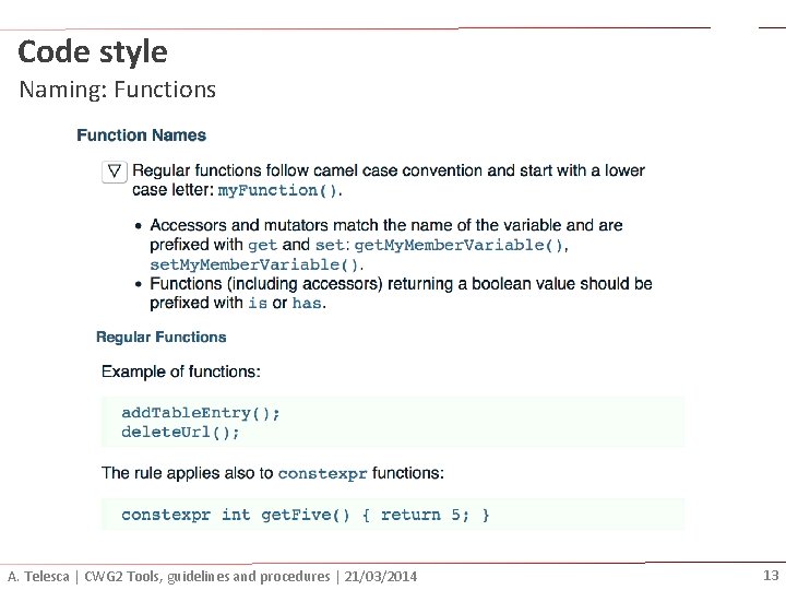 Code style Naming: Functions A. Telesca | CWG 2 Tools, guidelines and procedures |