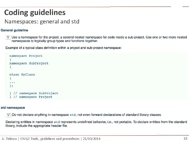 Coding guidelines Namespaces: general and std A. Telesca | CWG 2 Tools, guidelines and
