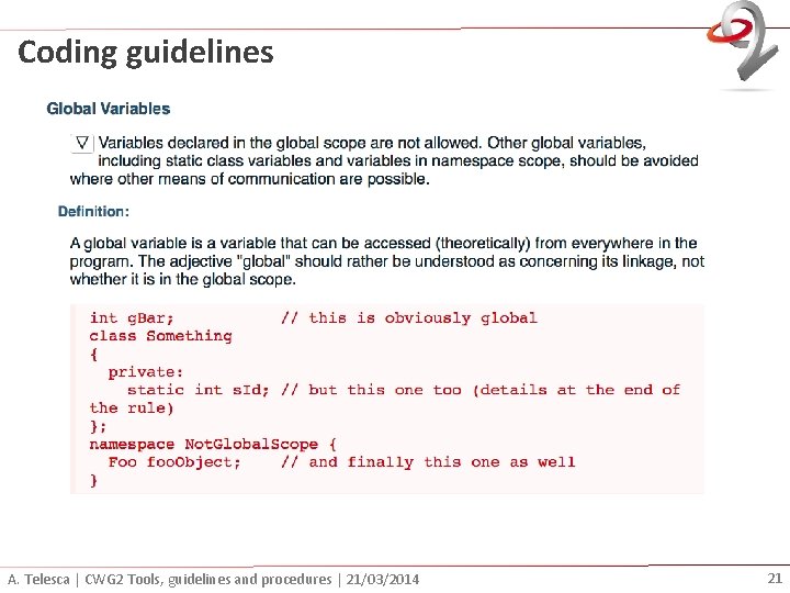 Coding guidelines A. Telesca | CWG 2 Tools, guidelines and procedures | 21/03/2014 21