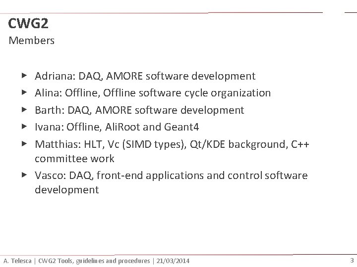 CWG 2 Members Adriana: DAQ, AMORE software development Alina: Offline, Offline software cycle organization