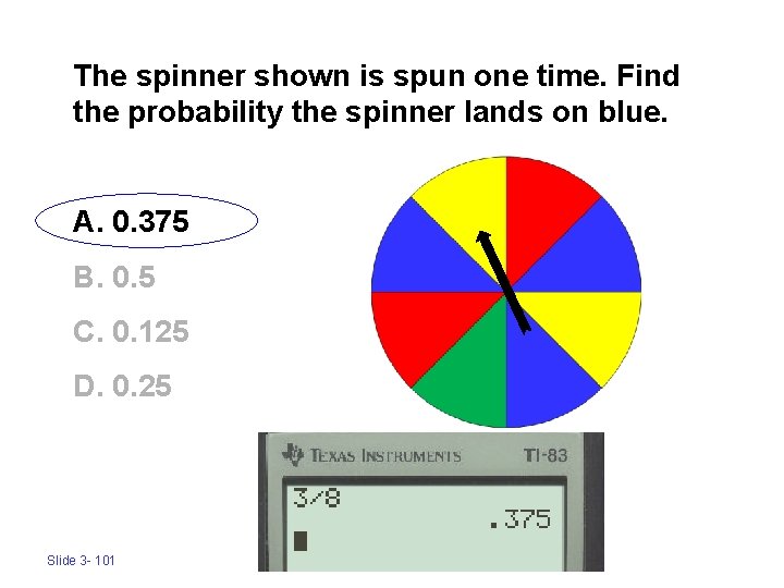 The spinner shown is spun one time. Find the probability the spinner lands on